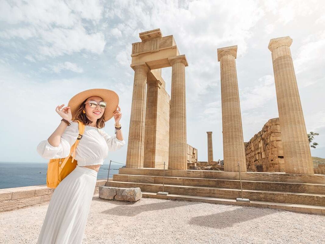 Woman on a solo holiday in Lindos, Greece