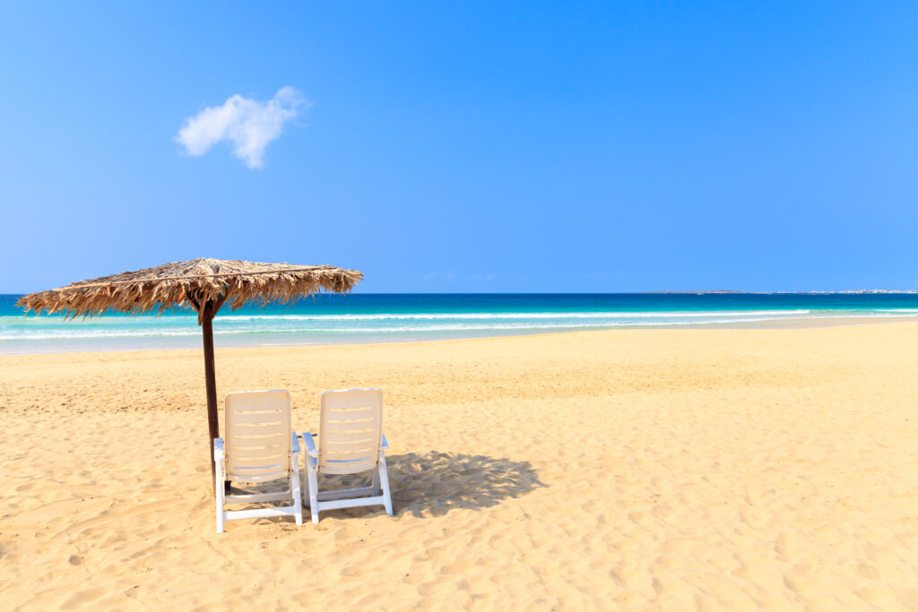 Parasol and deck chairs in Boavista, Cape Verde
