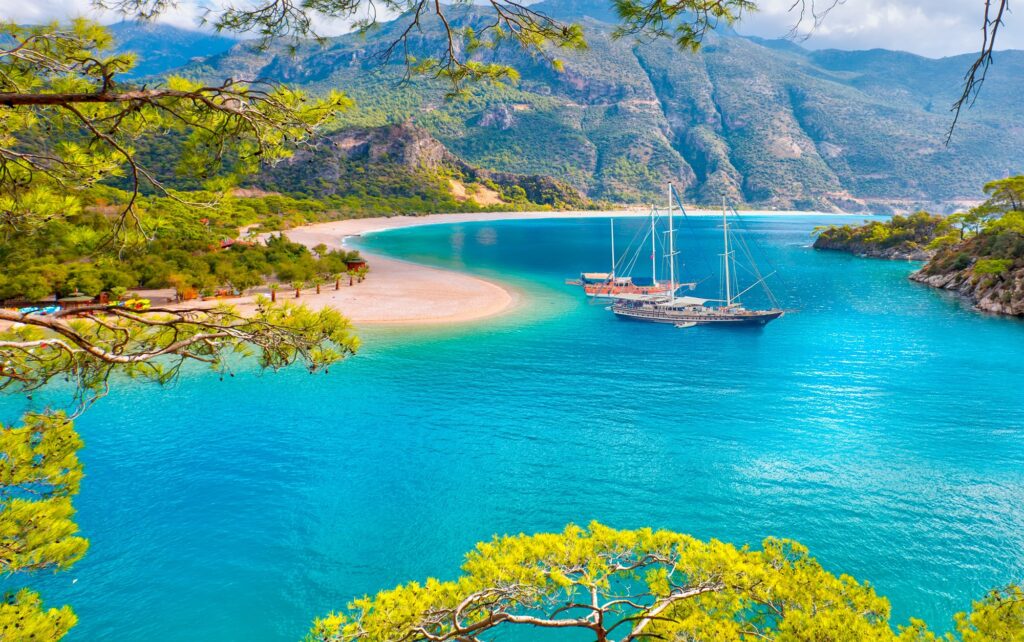 A gulet ship anchored in Oludeniz
