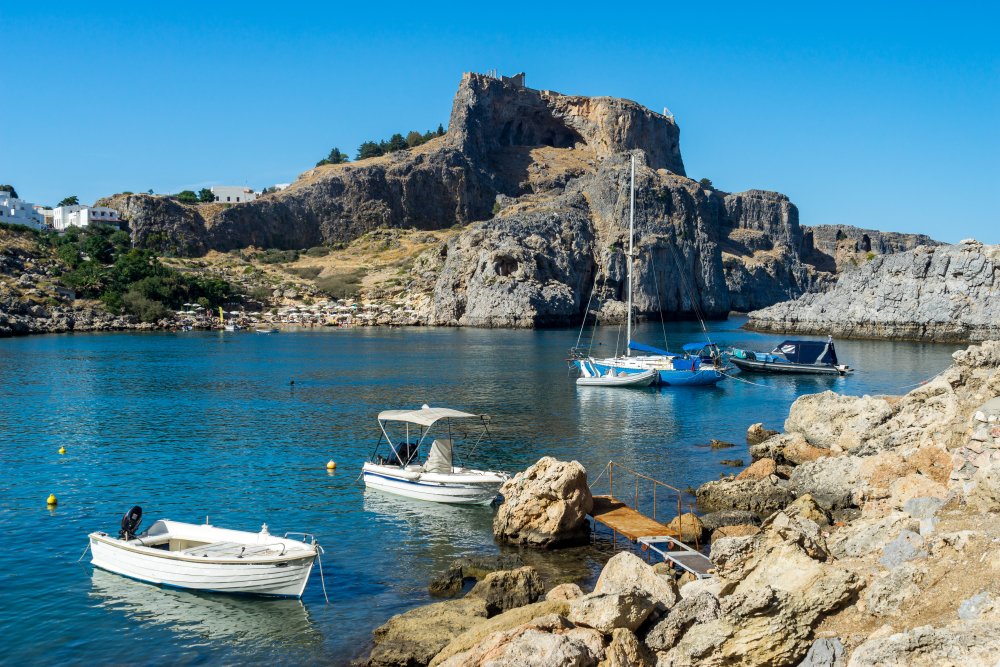 Stunning sunny day at St Paul's Bay, Lindos, Rhodes